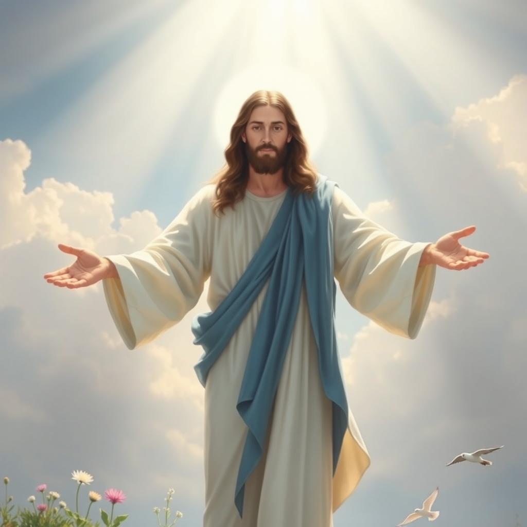 A serene and majestic depiction of Jesus Christ, standing with open arms, surrounded by a radiant light
