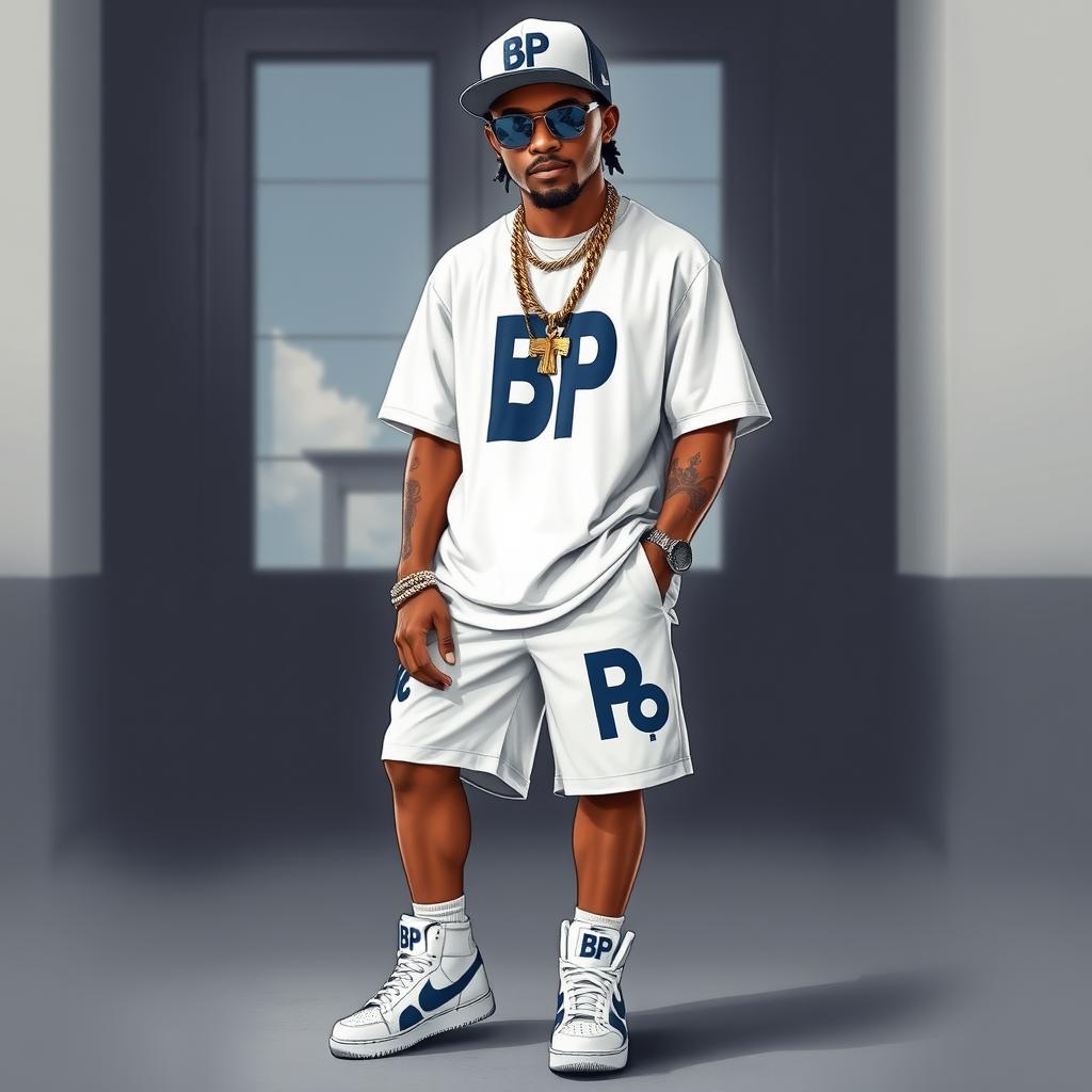 A character wearing a t-shirt, shorts, sneakers, and a cap, all featuring the letters 'BP'
