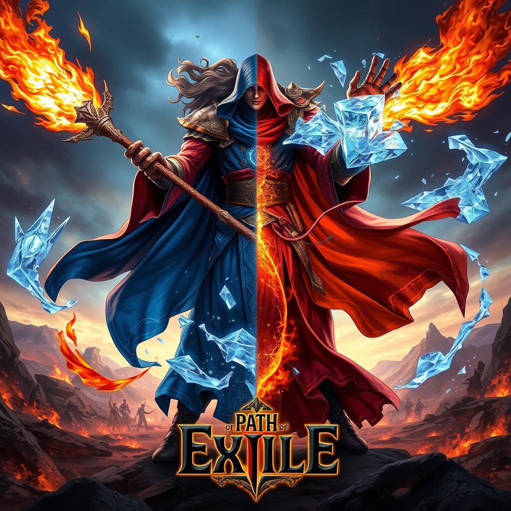 A dynamic and visually striking thumbnail featuring a powerful fire and ice mage character from the game Path of Exile 2