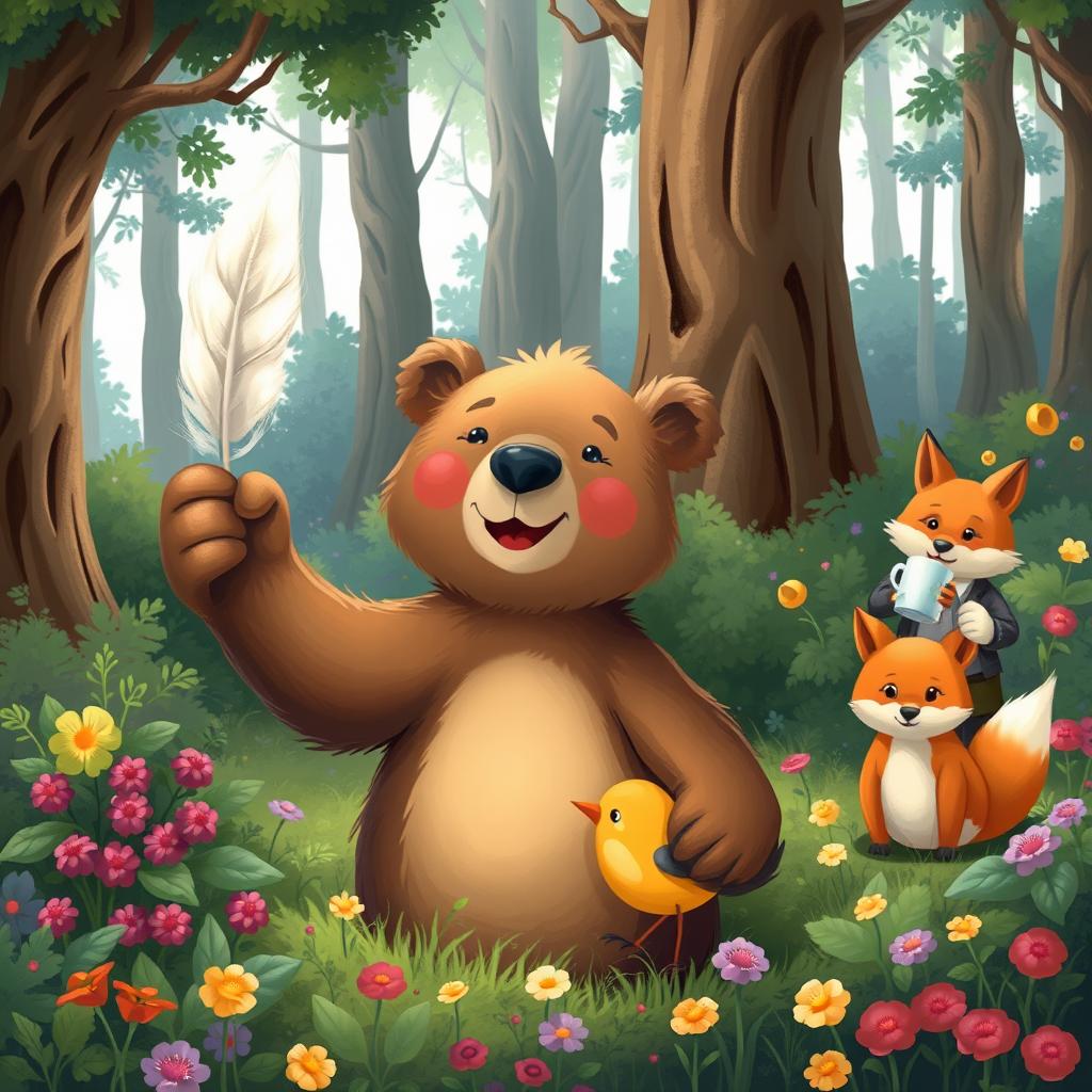 A whimsical forest scene depicting a charming little bear and a playful little bird joyfully searching for hidden treasures among the trees and bushes