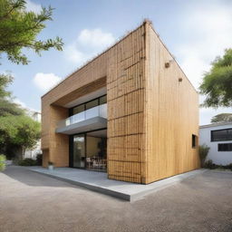 Upgrade the previous industrial minimalist house for a 1000% improvement, integrating bamboo elements on the facade