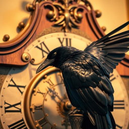A detailed close-up view of an antique wall clock, showcasing intricate designs and golden accents