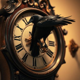 A detailed close-up view of an antique wall clock, showcasing intricate designs and golden accents