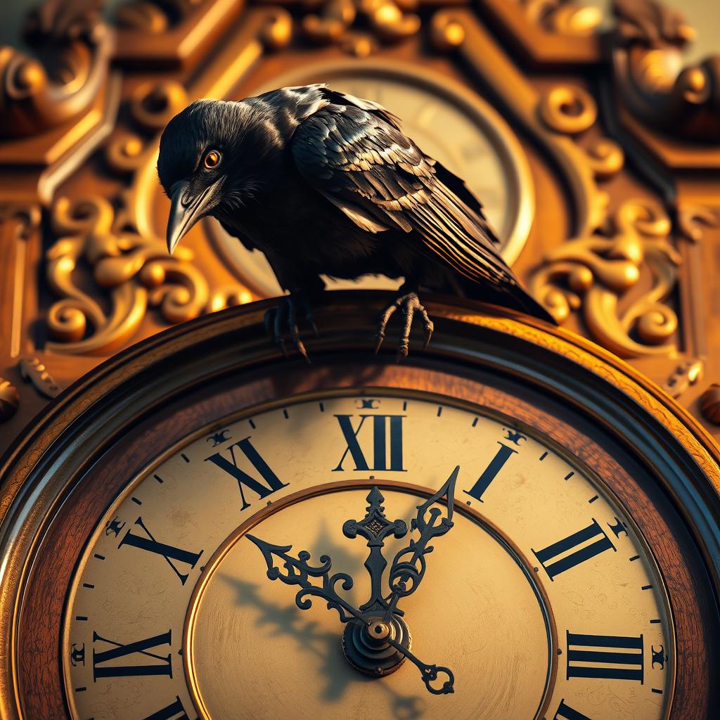 A detailed close-up view of an antique wall clock, showcasing intricate designs and golden accents