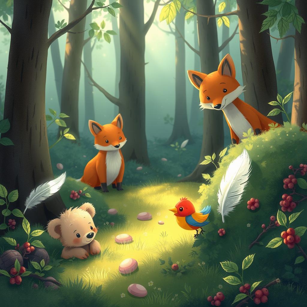 A whimsical forest scene featuring a little bear and a little bird playing hide and seek, searching for hidden treasures among the trees and bushes