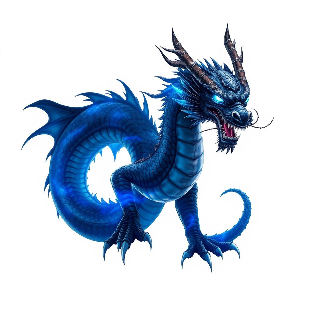 A terrifying Chinese dragon with sharp claws and fierce features, exuding a blue aura that surrounds its body