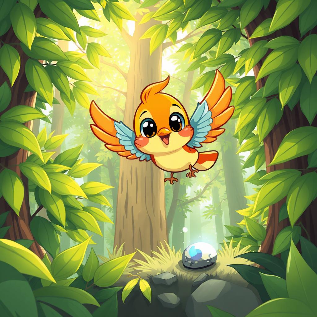 A whimsical illustration of a small, adorable bird named Goofy with vibrant feathers, flying joyfully between the lush green branches of tall trees
