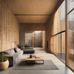 Subtly upgrade the previous industrial minimalist house by incorporating 30% bamboo elements into the facade, achieving a 1000% aesthetic improvement