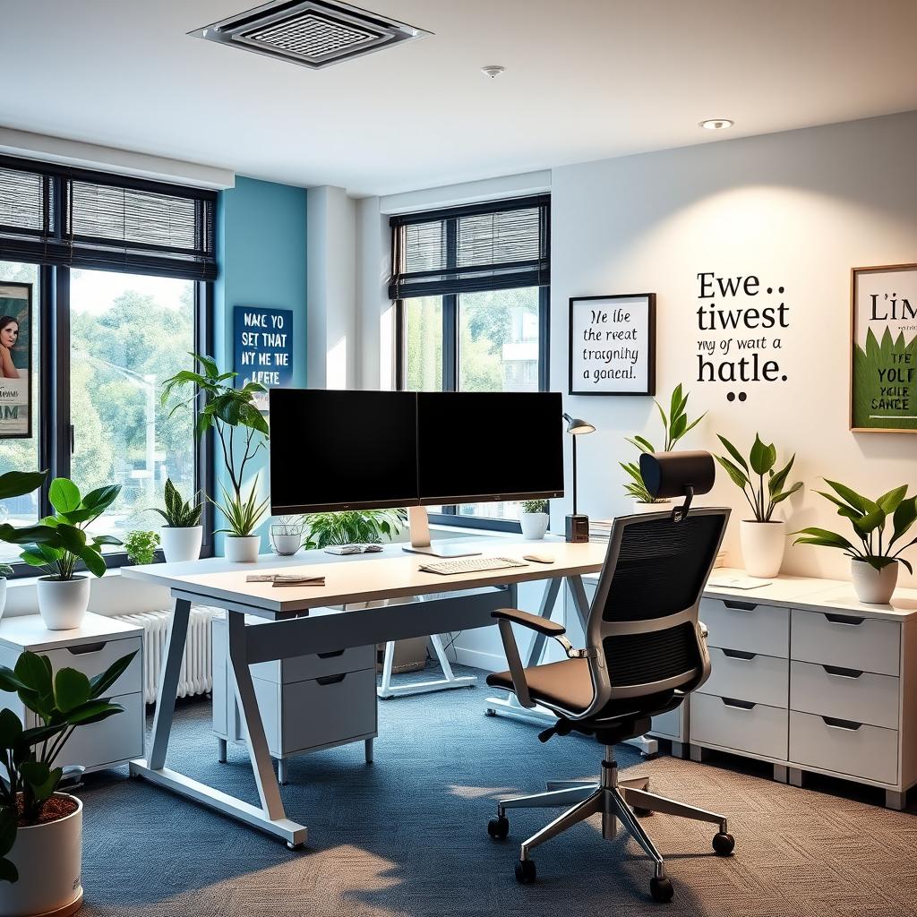 An inspiring office interior designed for productivity, featuring modern furniture with a clean desk setup, ergonomic chair, large windows allowing natural light to flood the space, plants for a touch of nature, and stylish decor on the walls, including motivational quotes