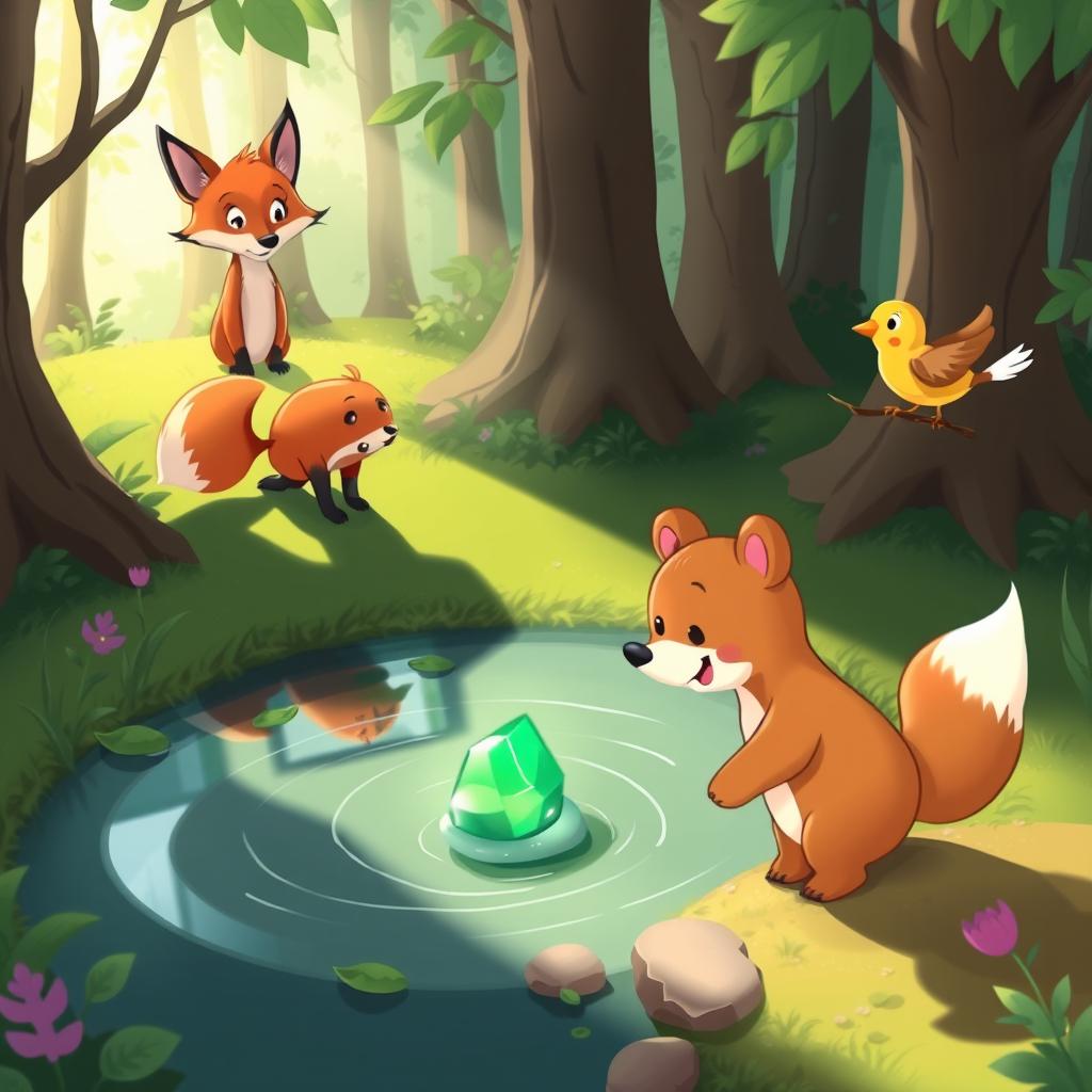 A whimsical and enchanting forest scene featuring a sly fox watching with keen eyes as two friends, a little bear and a cheerful bird, approach a small serene pond