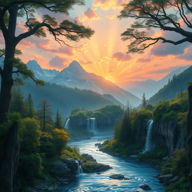 An enchanting elven landscape featuring serene rivers flowing through lush forests, cascading waterfalls tumbling down rocky cliffs, and majestic mountains in the background