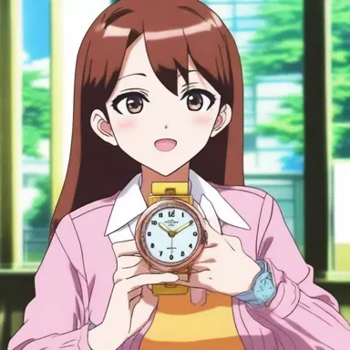 In the anime series, the character wore an analog watch with a unique design that matched her quirky personality.