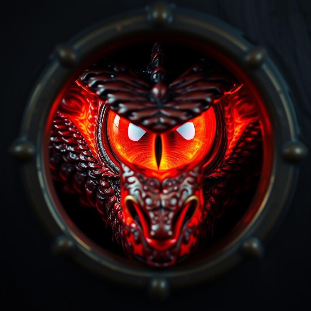 A terrifying dragon's eye, vivid and fiery in color, peering through a keyhole