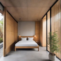 Subtly upgrade the previous industrial minimalist house by incorporating 30% bamboo elements into the facade, achieving a 1000% aesthetic improvement