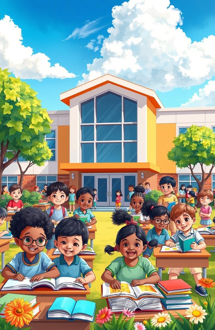 A vibrant school scene depicting a diverse group of students engaged in various activities