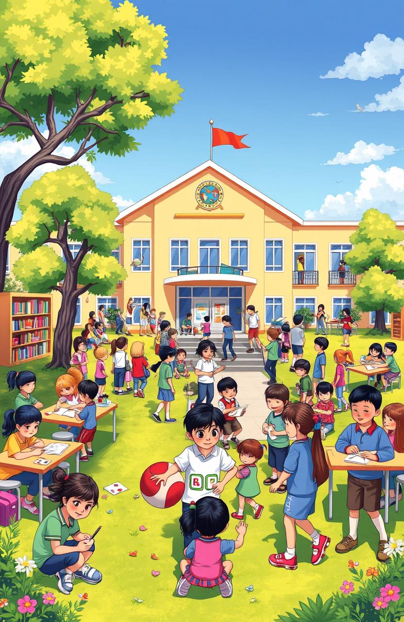 A vibrant and bustling school environment, depicting diverse students engaged in various activities such as studying, playing sports, and participating in arts and crafts