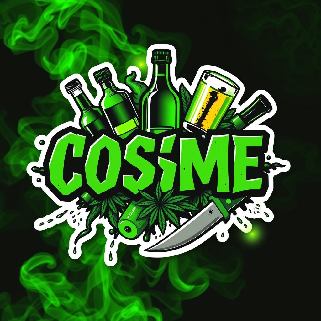 A sticker design in a hooligan and urban style featuring the word 'COSME' in the center, written in large, bold, aggressive and eye-catching letters