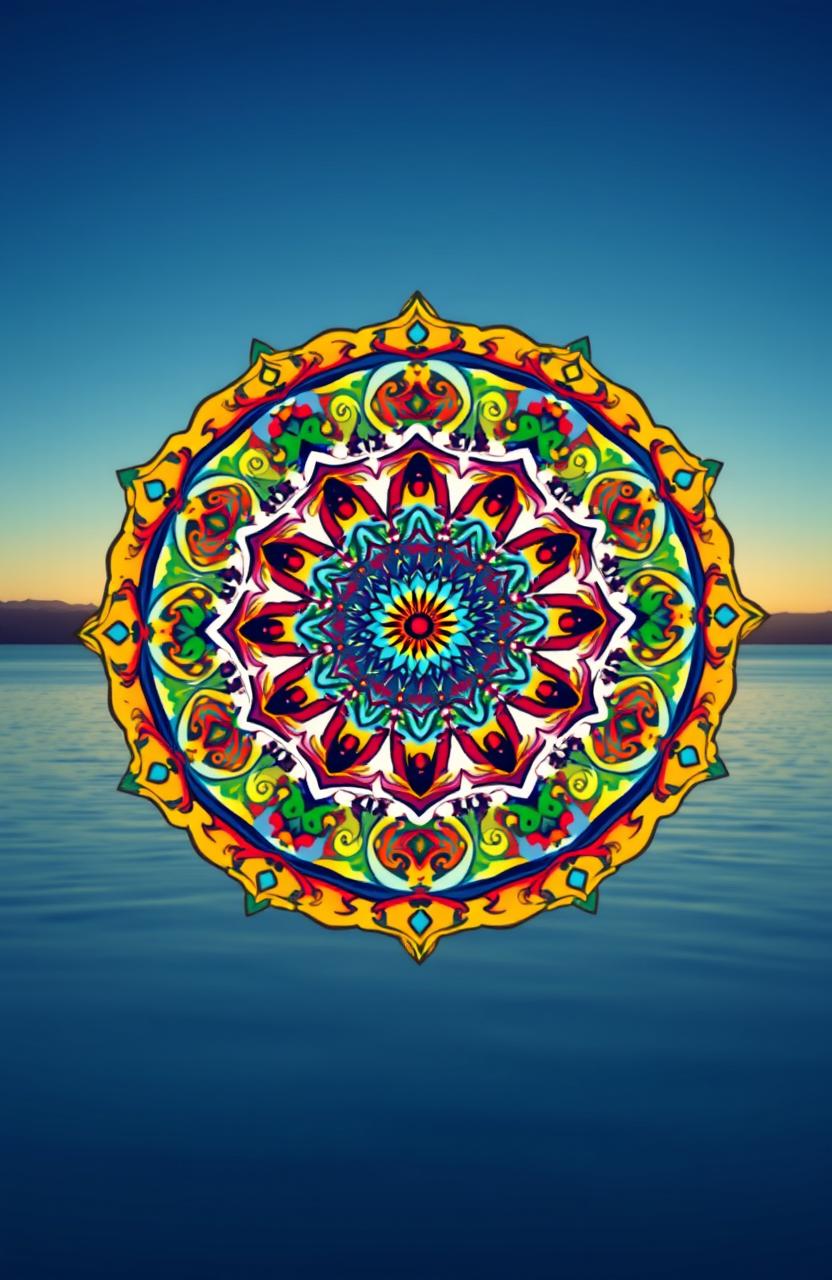 a vibrant and intricate mandala design featuring symmetrical patterns, vivid colors, and detailed geometric shapes