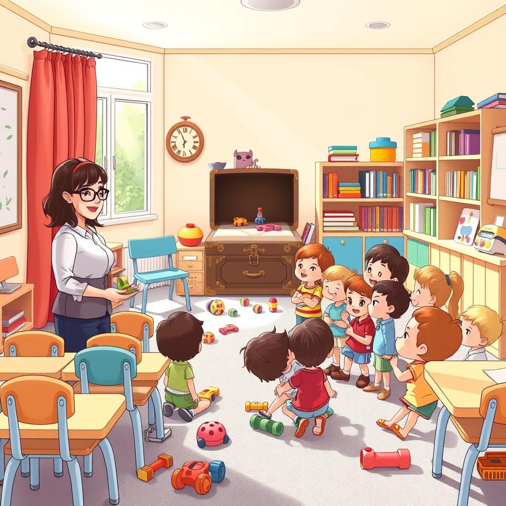 A whimsical and colorful scene of a kindergarten classroom on a bright morning