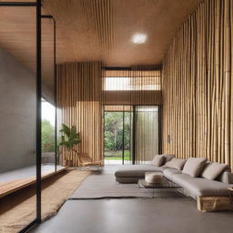 Subtly upgrade the previous industrial minimalist house by incorporating 30% bamboo elements into the facade, achieving a 1000% aesthetic improvement