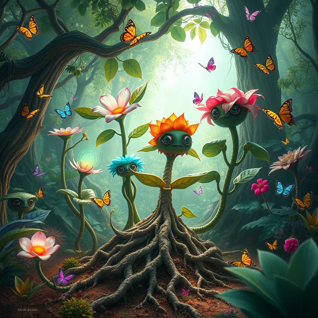 A fantastical depiction of intelligent plants in a vibrant, lush environment