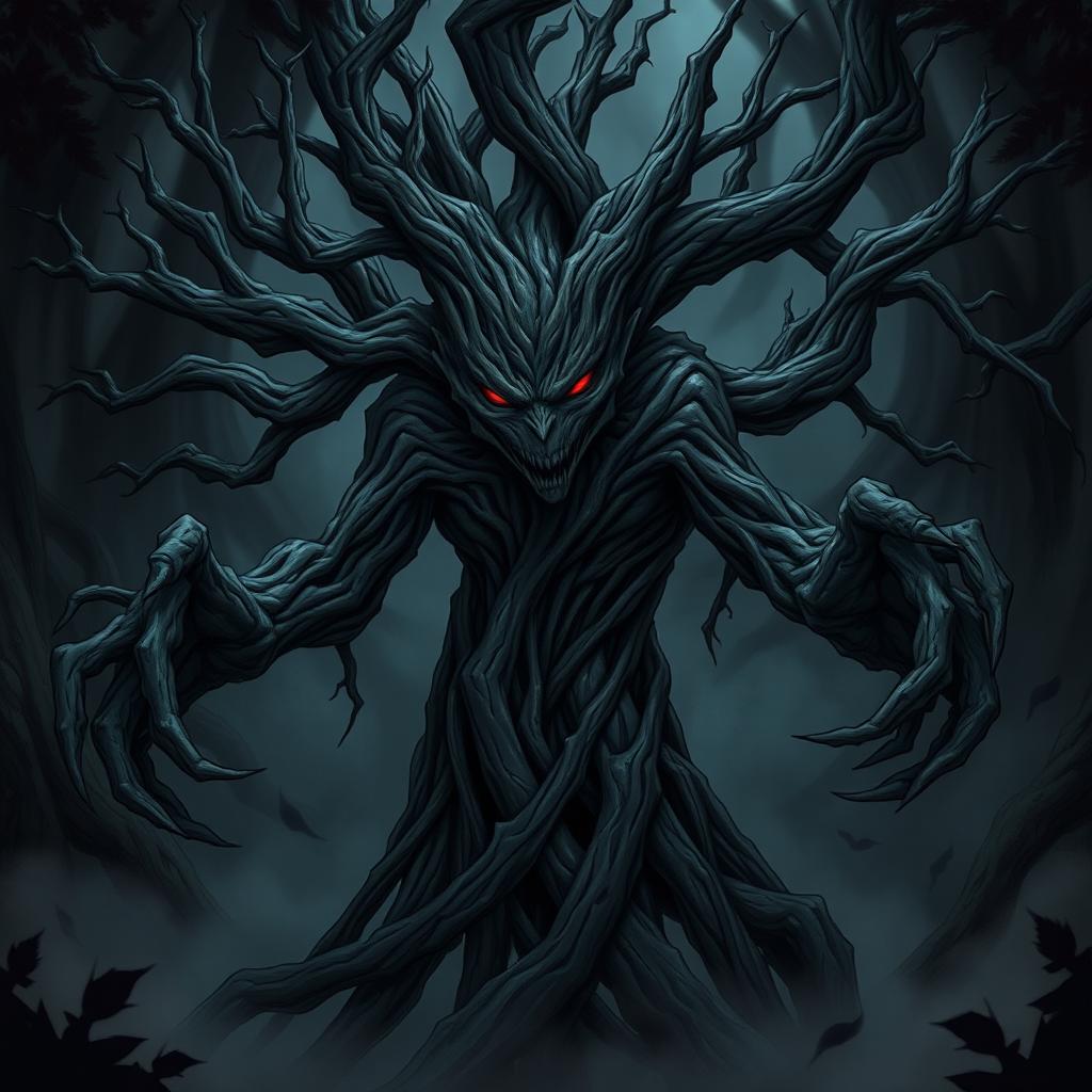 A dark and malevolent anime-style tree-man, resembling an evil ent