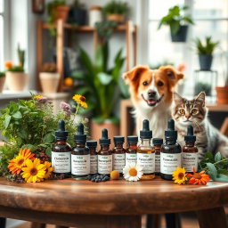 A beautifully arranged homeopathy kit for pets, featuring various small glass bottles labeled with natural remedies, surrounded by vibrant herbs and plants such as chamomile, arnica, and calendula