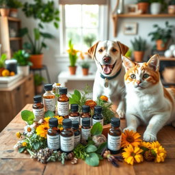 A beautifully arranged homeopathy kit for pets, featuring various small glass bottles labeled with natural remedies, surrounded by vibrant herbs and plants such as chamomile, arnica, and calendula