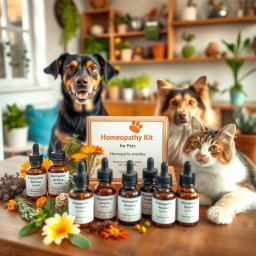 A beautifully arranged homeopathy kit for pets, featuring various small glass bottles labeled with natural remedies, surrounded by vibrant herbs and plants such as chamomile, arnica, and calendula