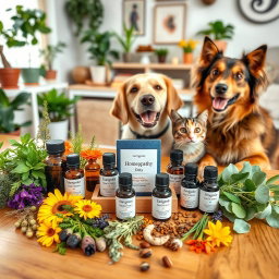 A beautifully arranged homeopathy kit for pets, featuring various small glass bottles labeled with natural remedies, surrounded by vibrant herbs and plants such as chamomile, arnica, and calendula