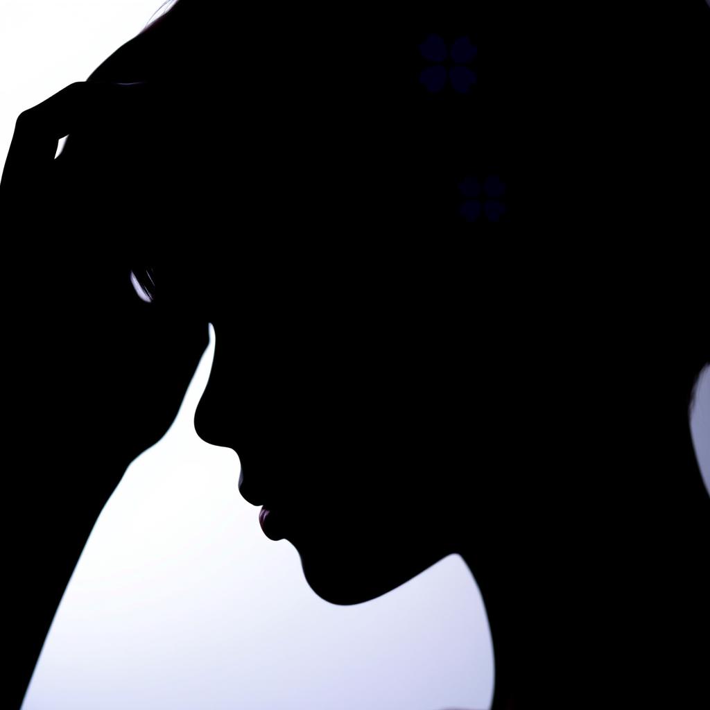 A striking silhouette of a girl with short black hair, featuring intricate violet accents
