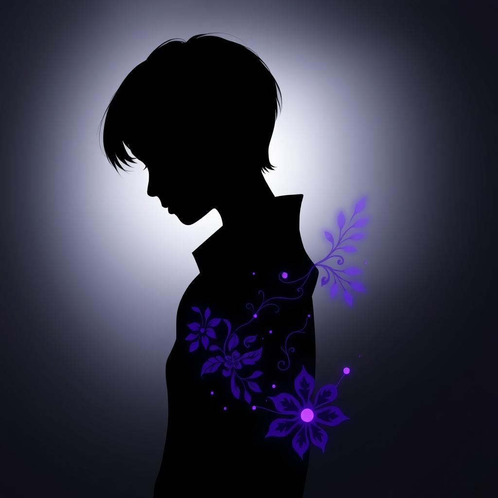 A striking silhouette of a girl with short black hair, featuring intricate violet details integrated into the shadow