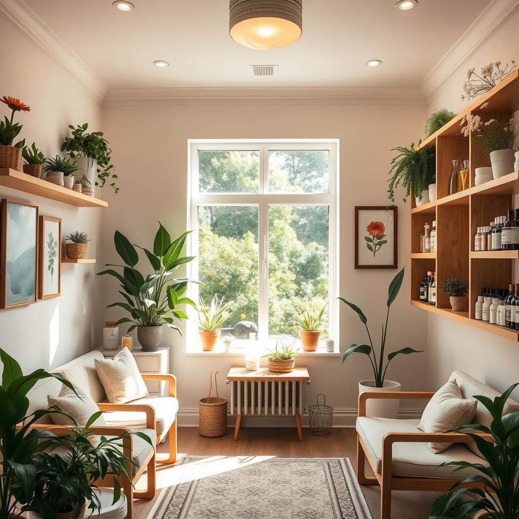 A beautiful, serene homeopathy clinic interior, filled with soft natural lighting and calming colors