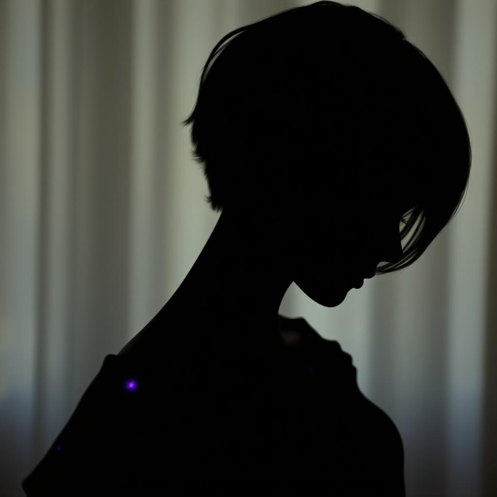 A captivating silhouette of a girl with short black hair, showcasing mystical violet details softly illuminating the edges of her shadow