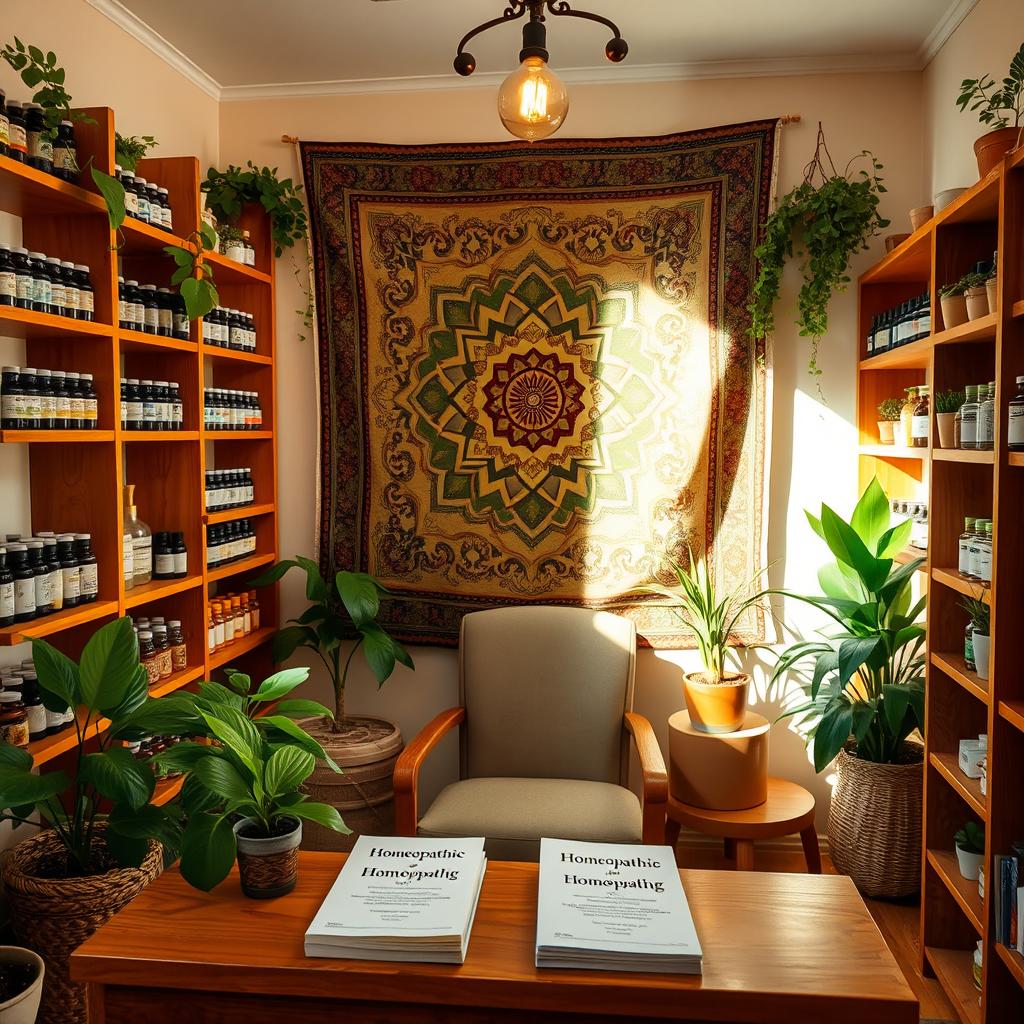 A cozy, inviting homeopathy clinic featuring wooden shelves filled with various herbal remedies and homeopathic vials
