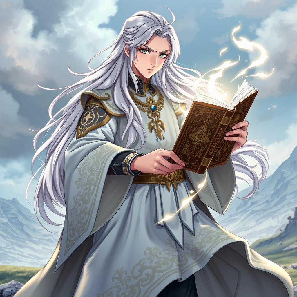 An anime-style white magic wizard, featuring long, flowing robes adorned with intricate, glowing patterns and symbols of power