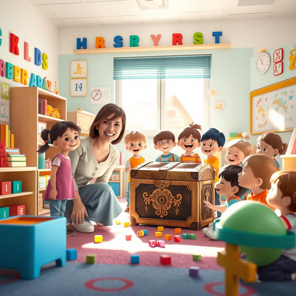 A whimsical and colorful scene set in a kindergarten classroom filled with bright toys, alphabet blocks, and children's artwork on the walls