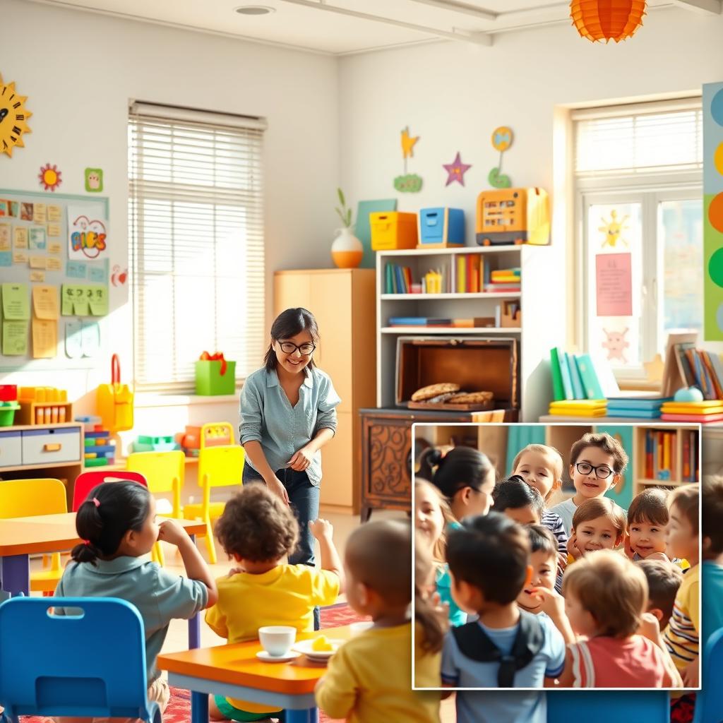 A vibrant kindergarten classroom scene depicting a cheerful teacher arranging colorful chairs, toys, and books in preparation for children