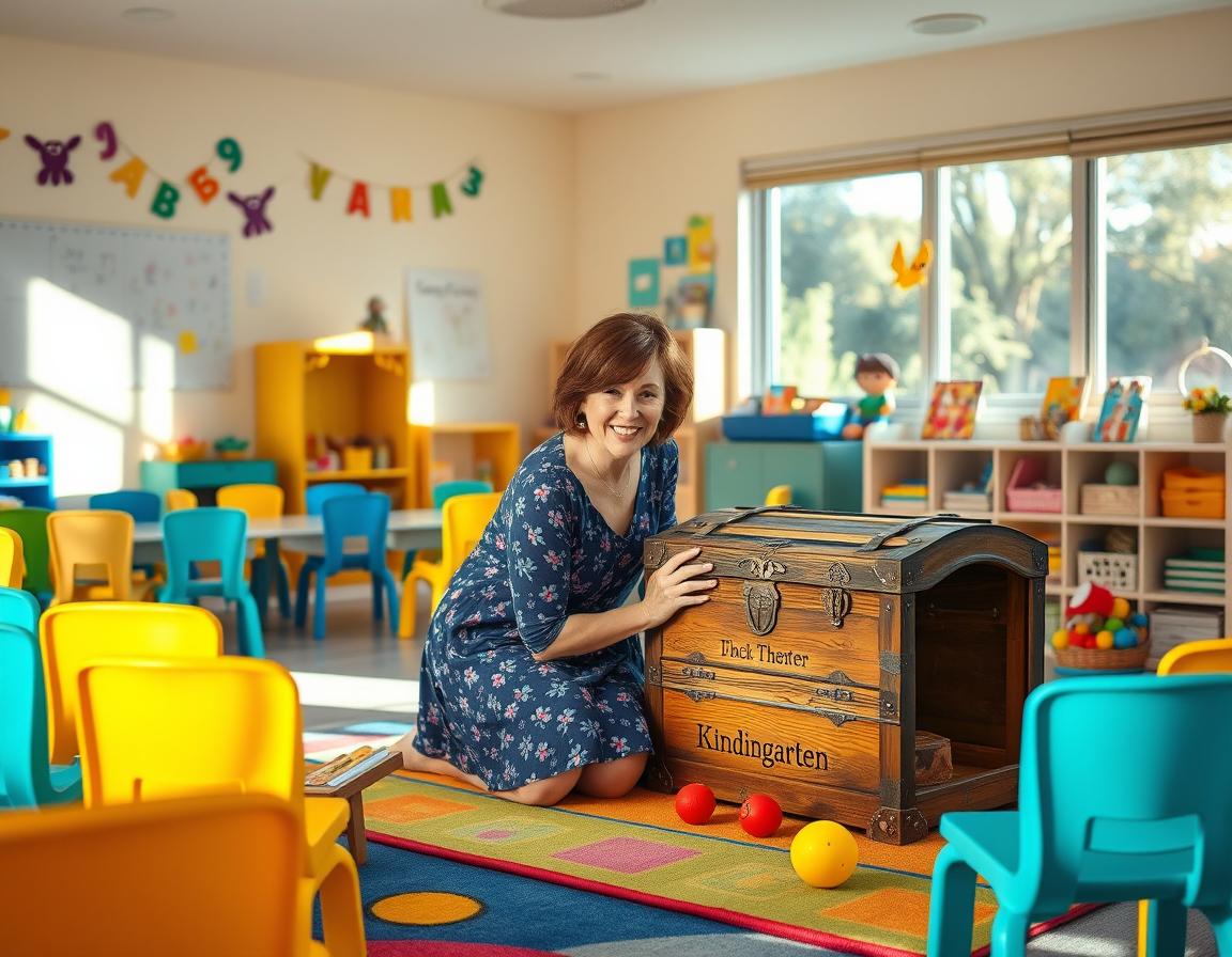 A vibrant and colorful kindergarten classroom filled with neatly arranged chairs, toys scattered around, and books on the shelves