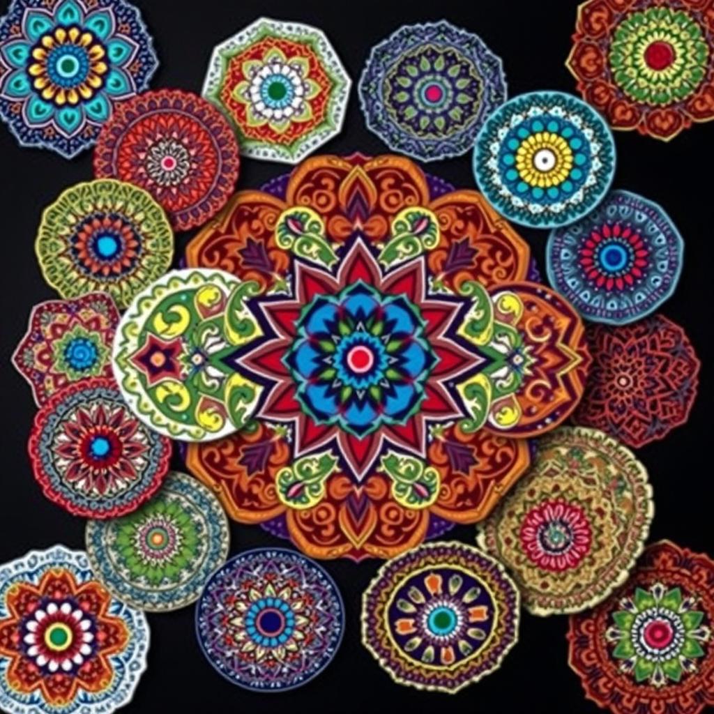 A collection of 100 intricate mandalas designed in a variety of styles and colors, each displaying geometric patterns and symmetry, featuring vibrant hues like blues, greens, reds, and yellows