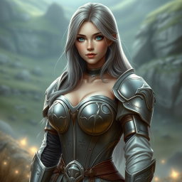A very busty European cleric girl with bright turquoise eyes, long ash grey hair, and a kind, lovely, shy face in a revealing bright simple light armor