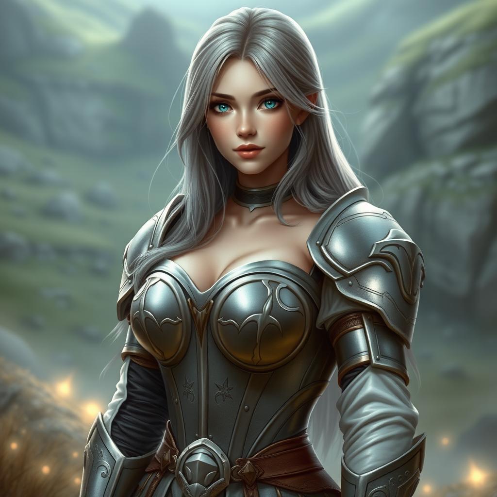 A very busty European cleric girl with bright turquoise eyes, long ash grey hair, and a kind, lovely, shy face in a revealing bright simple light armor