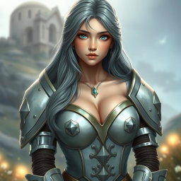 A very busty European cleric girl with bright turquoise eyes, long ash grey hair, and a kind, lovely, shy face in a revealing bright simple light armor