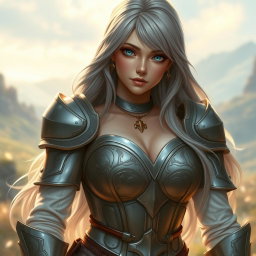 A very busty European cleric girl with bright turquoise eyes, long ash grey hair, and a kind, lovely, shy face in a revealing bright simple light armor