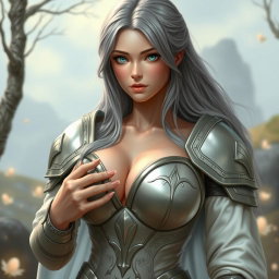 A very busty European cleric girl with bright turquoise eyes, long ash grey hair, and a kind, lovely, shy face in a revealing bright simple light armor