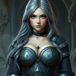 A very busty European cleric girl with bright turquoise eyes and long ash grey hair