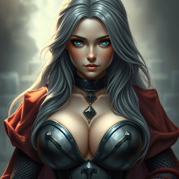 A very busty European cleric girl with bright turquoise eyes and long ash grey hair