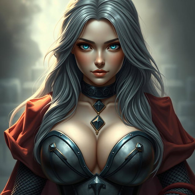 A very busty European cleric girl with bright turquoise eyes and long ash grey hair