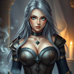 A very busty European cleric girl with bright turquoise eyes and long ash grey hair