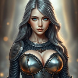 A very busty European cleric girl with bright turquoise eyes and long ash grey hair